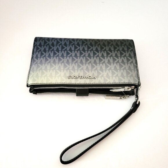 Michael Kors Jet Set Travel Large Double Zip Wristlet Clutch Black MK Logo Ombre - Picture 6 of 7